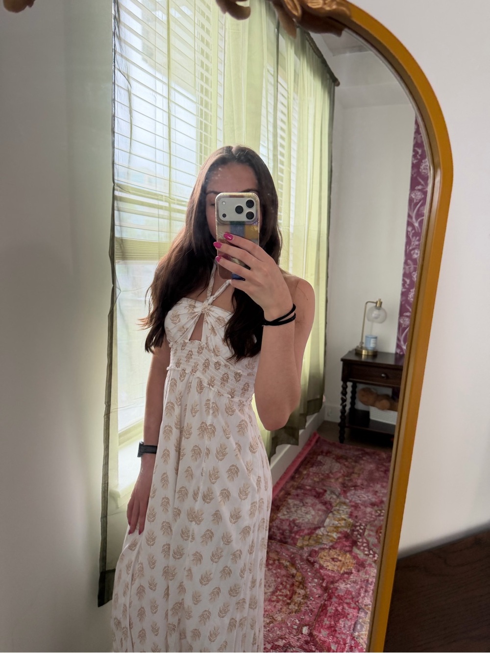 Old Navy White Maxi Dress with Gold Leaf Print